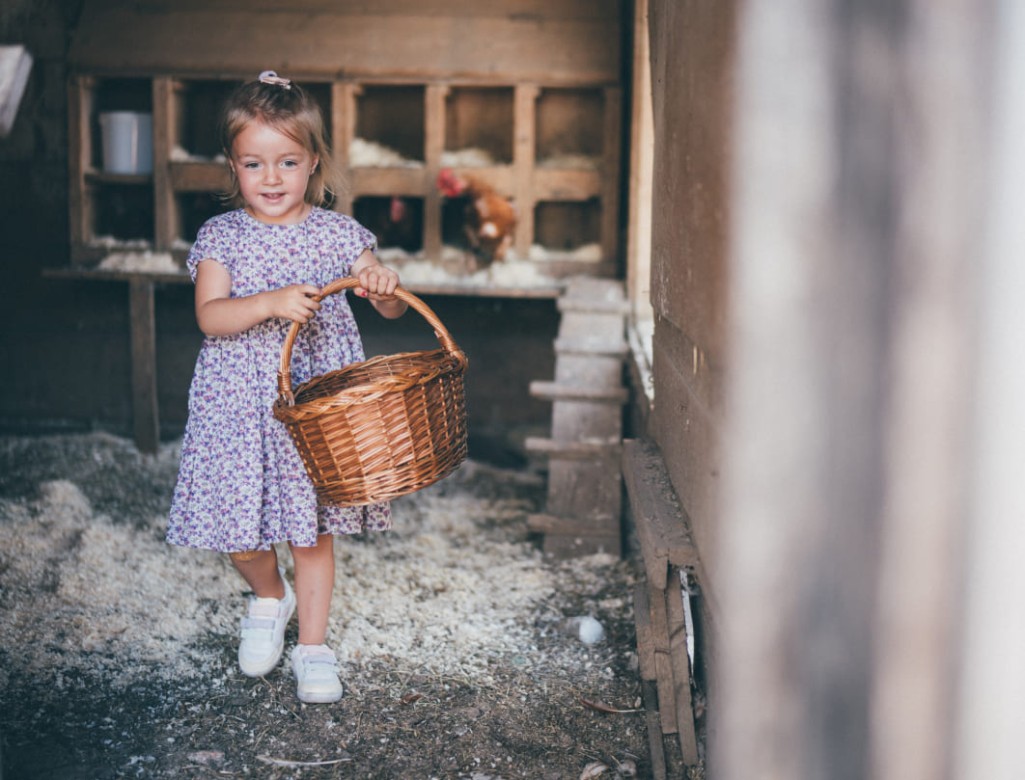 Girl collecting eggs in the coop © Lorenz Masser Photography