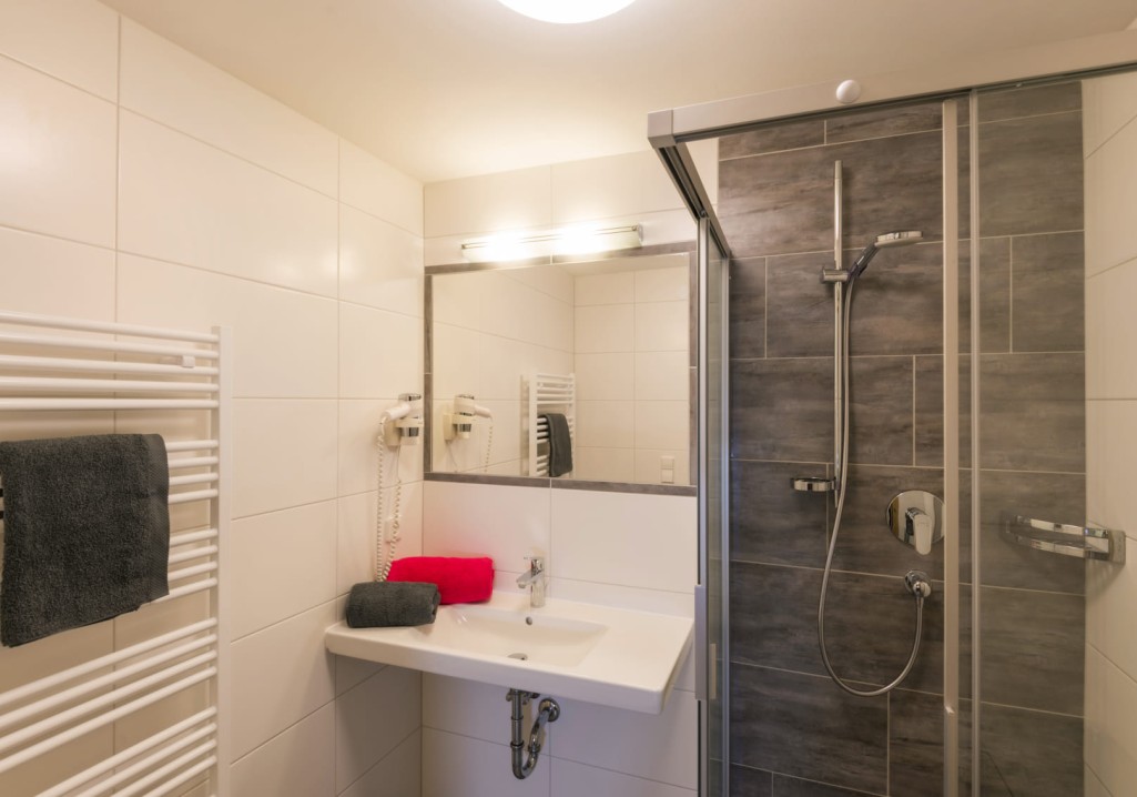 Bathroom with shower and WC in the room at Obersulzberggut © Lorenz Masser Photography